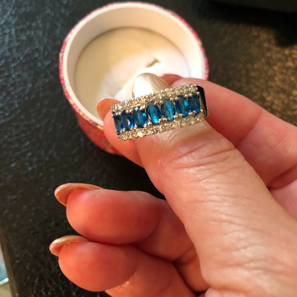 Women’s Silver Created Blue Sapphire/Diamond Ring - Picture 3 of 3